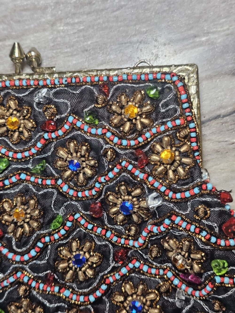VTG‎ Black Beaded Evening Bag Clutch Floral India - Picture 3 of 13